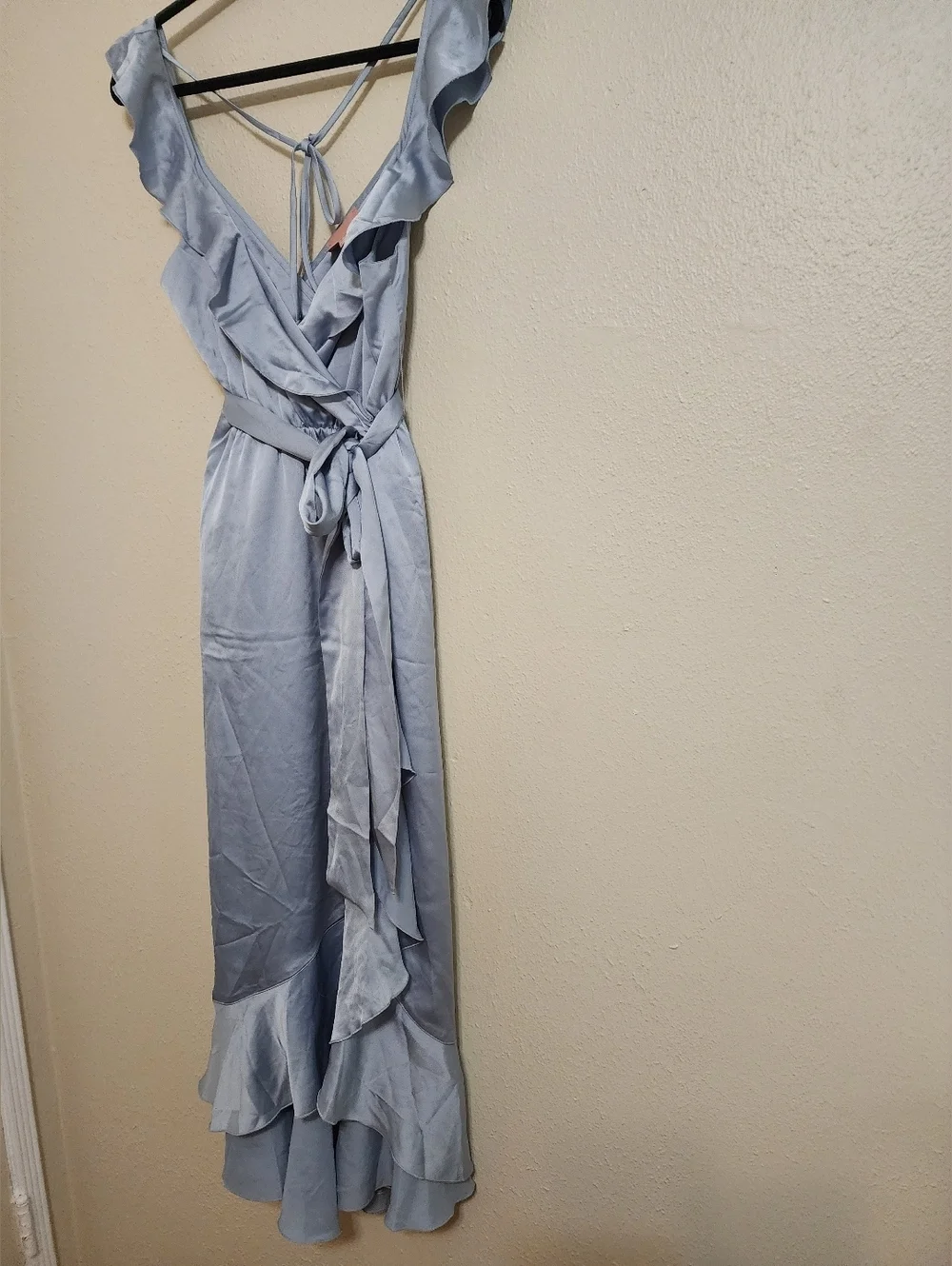 Show Me Your MuMu Samantha Ruffle Wrap Steel Blue Luxe Satin Dress S Wedding